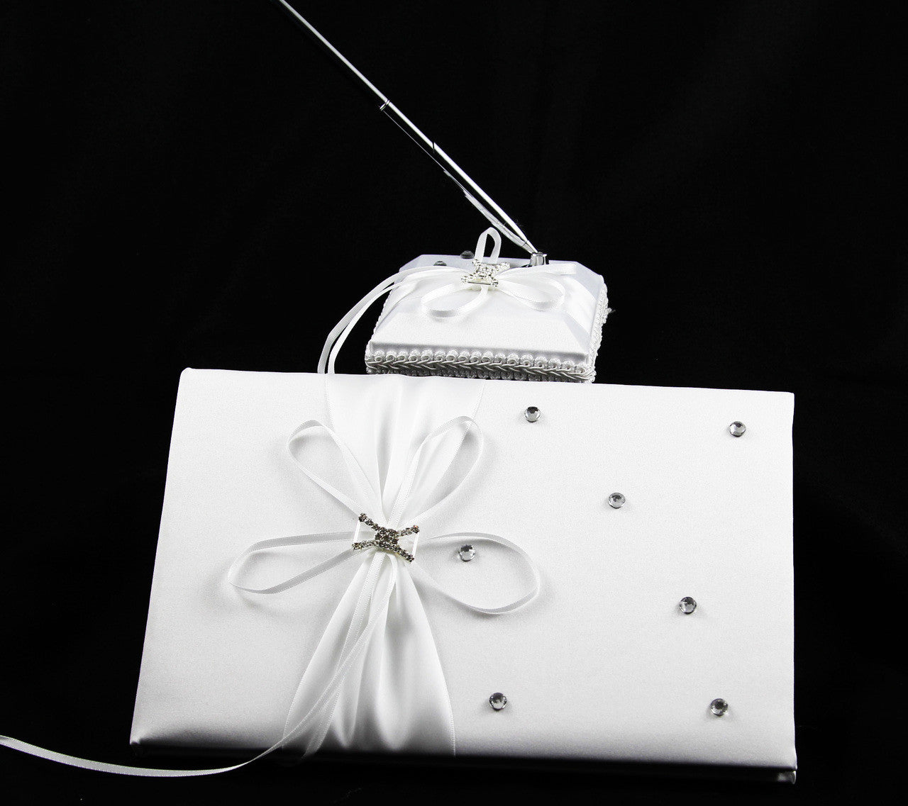 white-wedding-guest-book-register-with-silver-pen-matching-stand-set-36-lined-pages-white-ribbon-and-diamante-bow-cover www.mallsonline.com.au