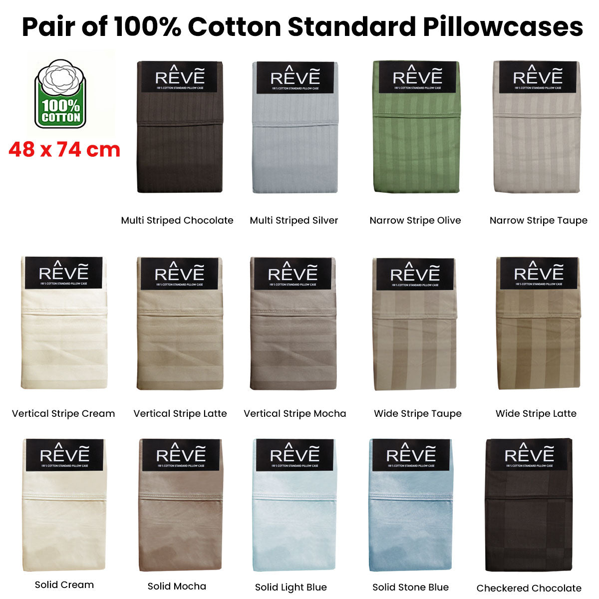 Pair of Reve 100% Cotton Standard Pillowcases 48 x 74 cm Solid Mocha