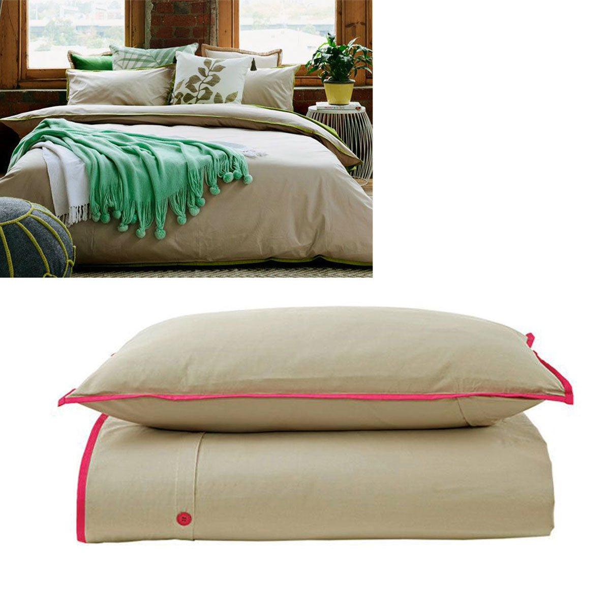 Jane Barrington Cotton Quilt Cover Set Taupe/Hot Pink Double