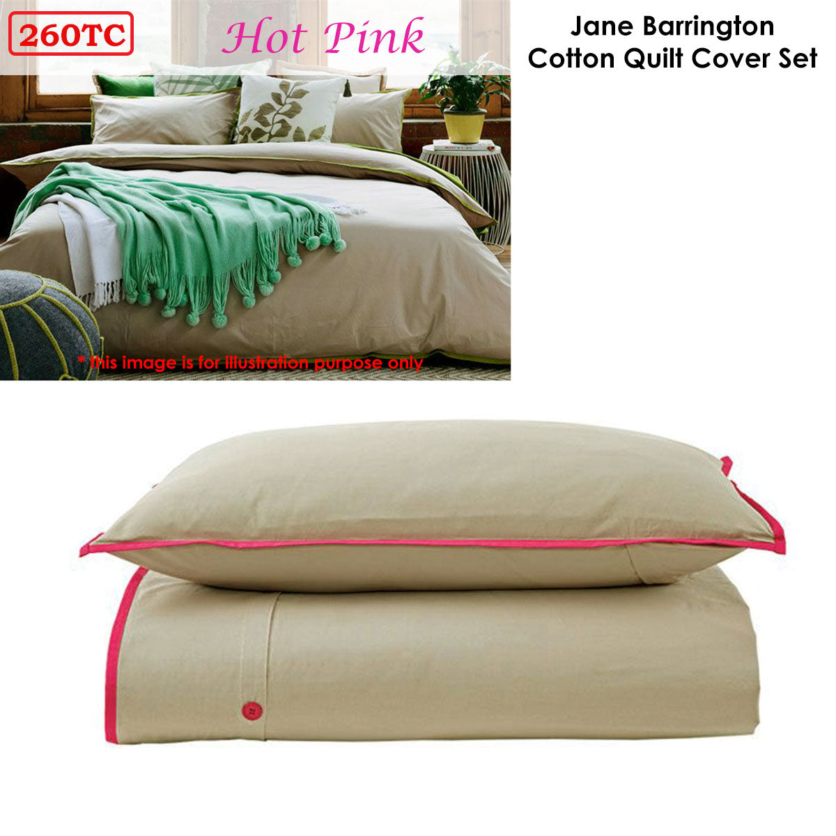 Jane Barrington Cotton Quilt Cover Set Taupe/Hot Pink Queen