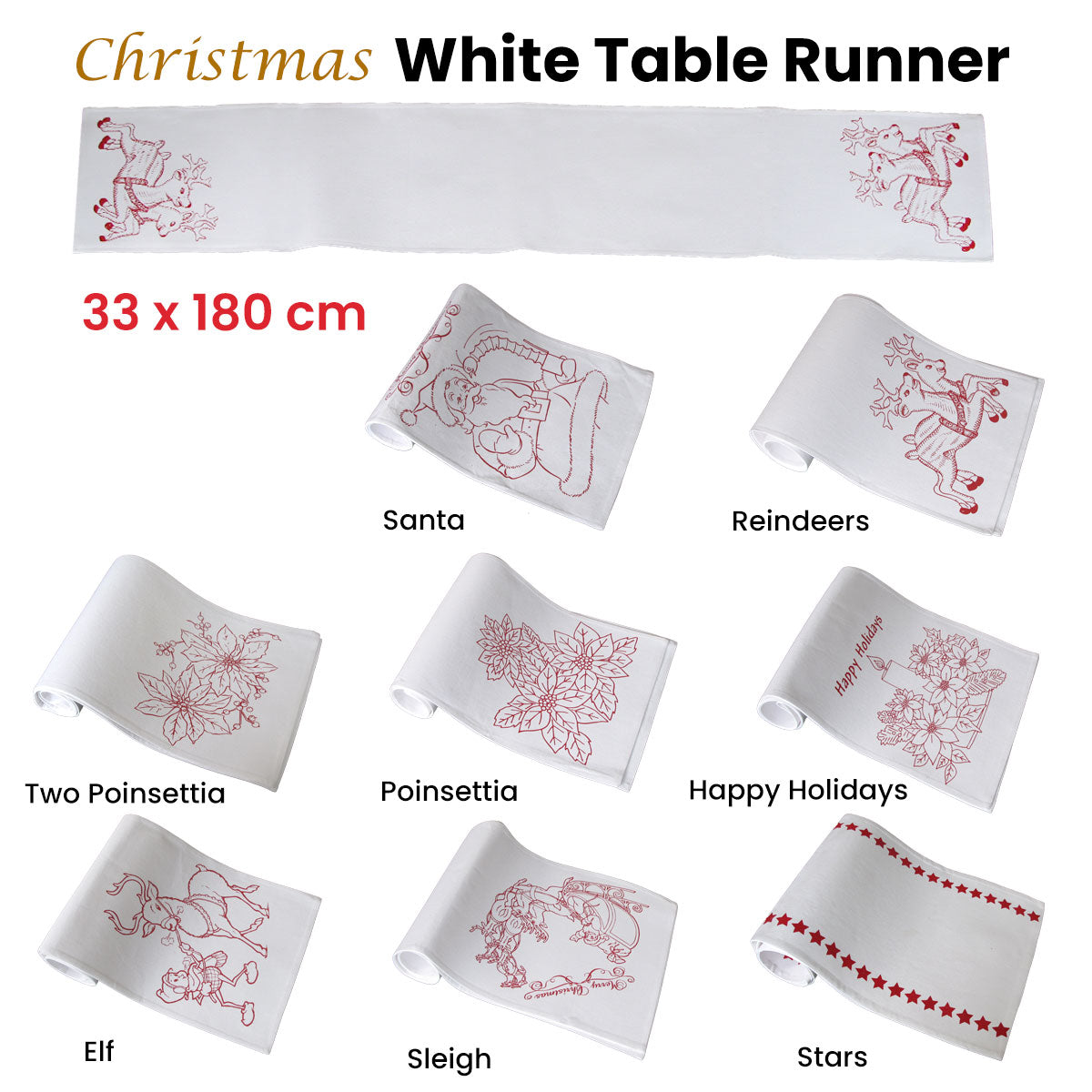 Christmas Print White Table Runner 33 x 180cm Poinsettia