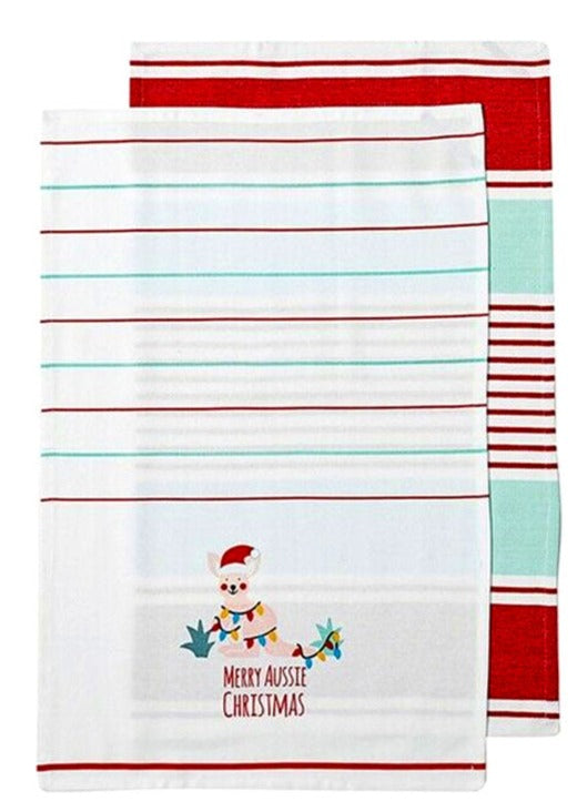 Ladelle Australiana Aussie Animal Kangaroo Christmas Set of 4 Cotton Kitchen Towels