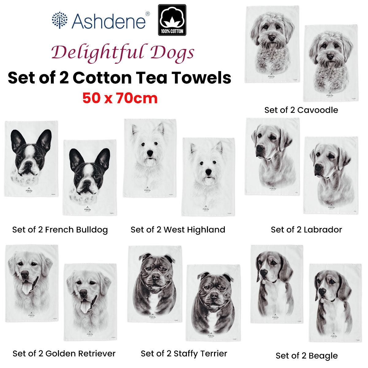 Set of 2 Delightful Dogs Cotton Kitchen Tea Towels 50 x 70 cm Beagle